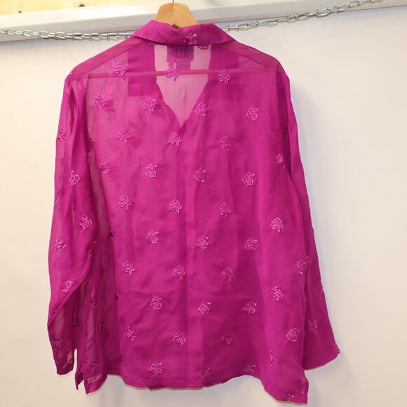 Country Wear Casuals Sheer Pink Button-Up Blouse With Embroidered Floral Pattern - Picture 2 of 10